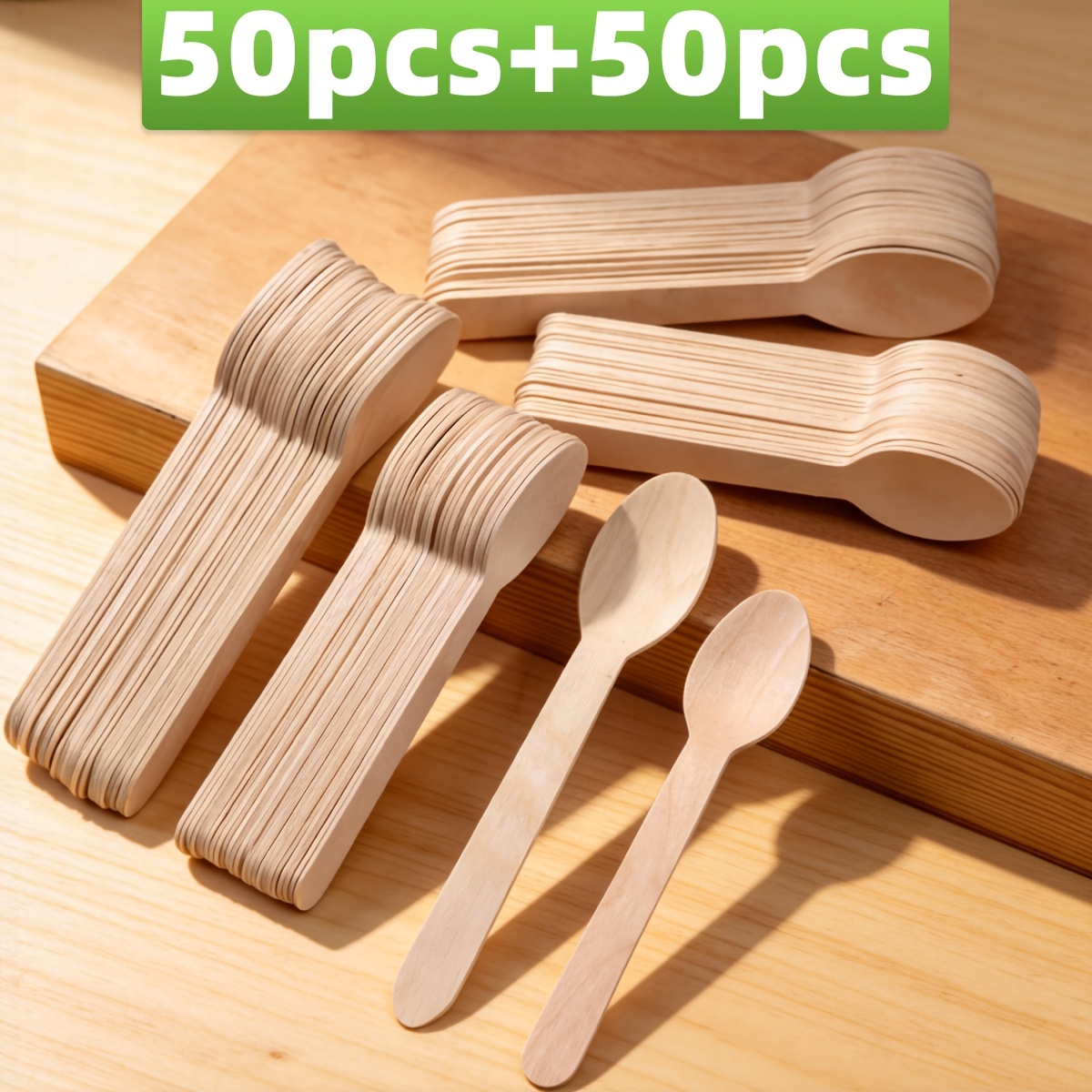 TEMU 100pcs Disposable Wooden Spoons Set - 6.29-inch Spoons (50pcs)   5.51-inch Spoons (50pcs). Lightweight, Sturdy, And Durable With A Smooth,