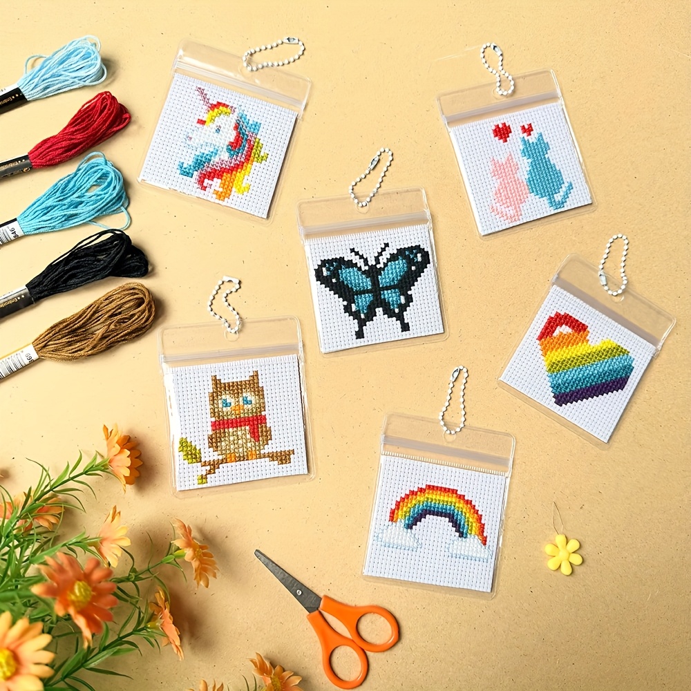 6pcs Creative Mini Cross- Decoration Set - Includes Adorable Heart, Rainbow, Pony, Owl, And Other Cartoon Pattern Cross- Hanging Ornaments - With Embroidery Thread, Stitching Tools, And Cross- Fabric