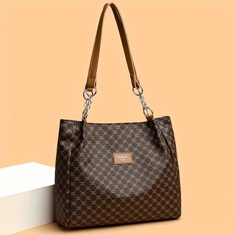 Image of Elegant Fashion Printed Tote Bag Large Capacity Zipper Closure Chain Strap Shoulder Bag Daily Handbag Shopping Outing Handbag