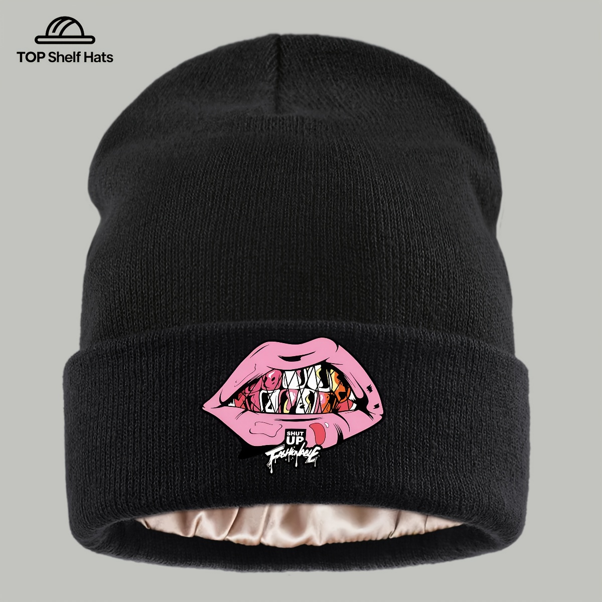 TEMU 1pc Trendy Hip-hop Lip Design Printed Beanie, Lightweight And Fashionable, Unisex Elastic For Men And Women, Winter Plush Ear Protection Beanie,