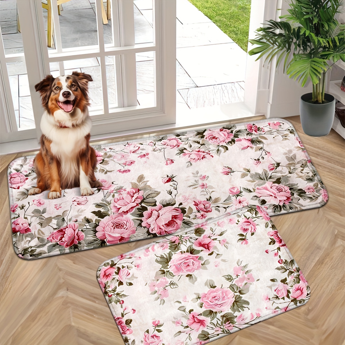 

Floral Doormat Set - Machine Washable Non-slip Kitchen, Bathroom, And Entryway Mats - Polyester Knit Weave Indoor Carpet For Home And Farmhouse Decor - Machine Made