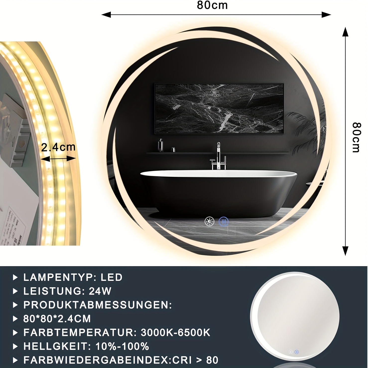 TEMU Bathroom Mirror With Lighting Bathroom Mirror Round - Round Wall Mirror 50cm Led Mirror With Touch Round Mirror Illuminated Bathroom With Light