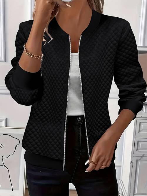 elegant casual womens jacket solid color textured fabric baseball collar long sleeve zipper detail fall 2025