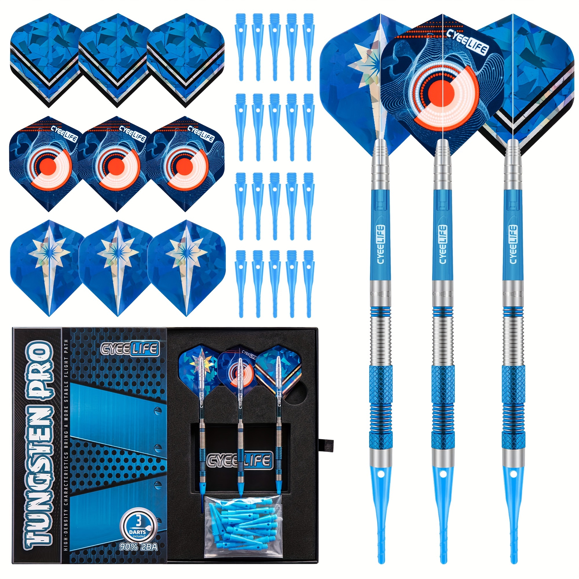 

Dart Set - 18.8g Soft Darts With 90% , Blue Color, Professional Darts - Suitable For All - Includes 9 Dart Flights, 3 Dart Shafts, 3 Dart Barrels, 20 Dart Tips, 1 Dart Holder, Dart Rest