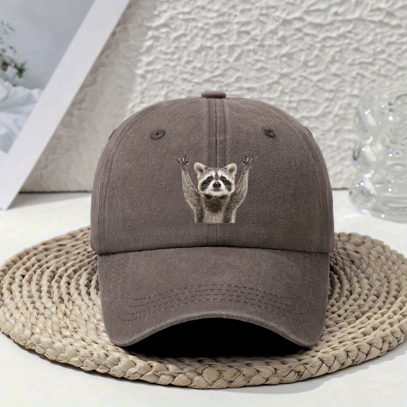 

Raccoon Printed Baseball Cap Stylish Washed Dad Hat Outdoor Adjustable Sun Protection Sports Hats For Women Men