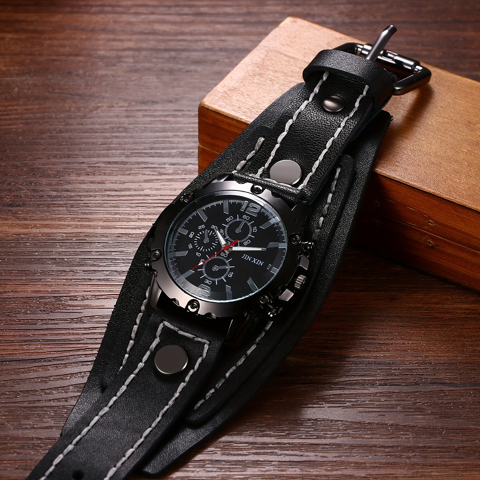 *'s Gothic Punk Style Genuine Leather Strap Watch Large Multi-  Chronograph Quartz Move*t */Red with Heavy-Duty Wr