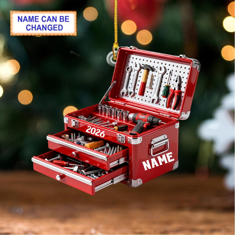 TEMU 2d Flat, 2d Flat Personalized Custom Name Red Hardware Tool Chest Pattern Acrylic Ornament, Irregular Industrial With Striped Trim, Festive