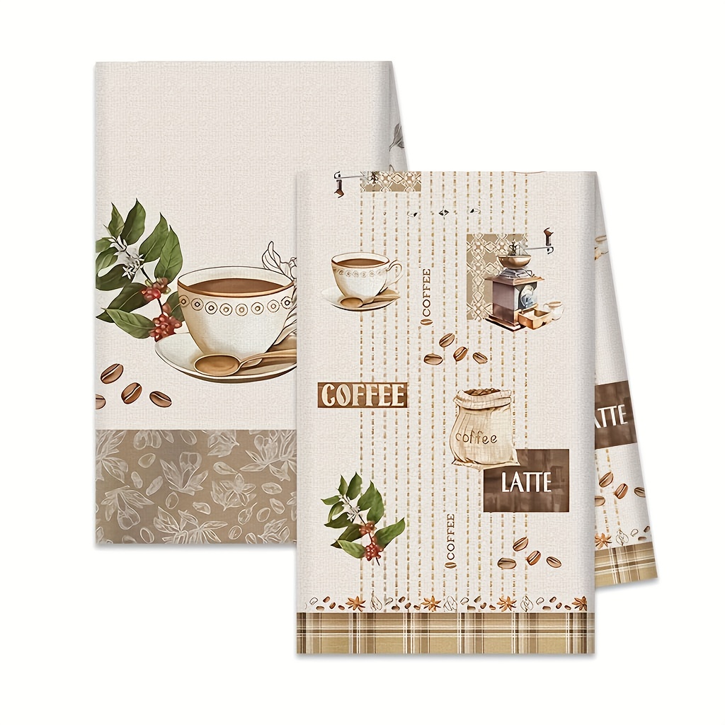 TEMU Cleaning Cloth 2pcs Kitchen Towel, Coffee Bean Letter Green Leaf Kitchen Towel, 40*60cm, Polyester Tea Towel, Dishwashing Towel Birthday Gift,