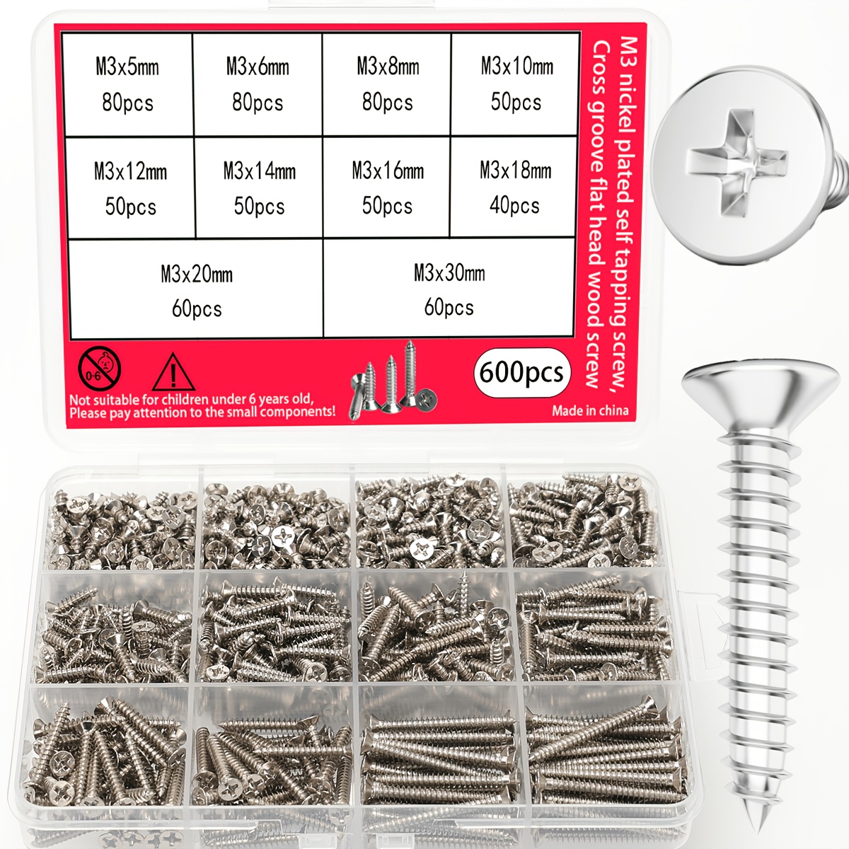 E-shop 600 Stück - M3 - Verzinkte Phillips-Kopf Flachkopf Selbstschneidende Holzschrauben Set, Verschiedene Längen (5mm-30mm), Phillips-Kopf Schrauben,