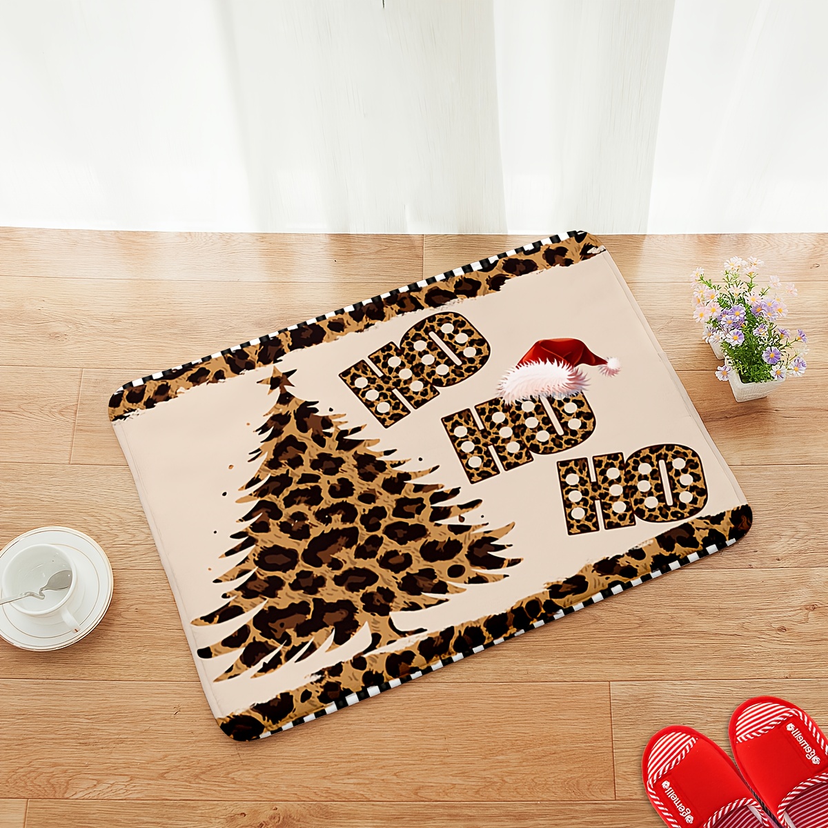 TEMU 1pc Leopard Christmas Tree Pattern Printing Floor Mat For Home Entrance, "ho" Printing Christmas Decoration Mat For Kitchen, Living Room,