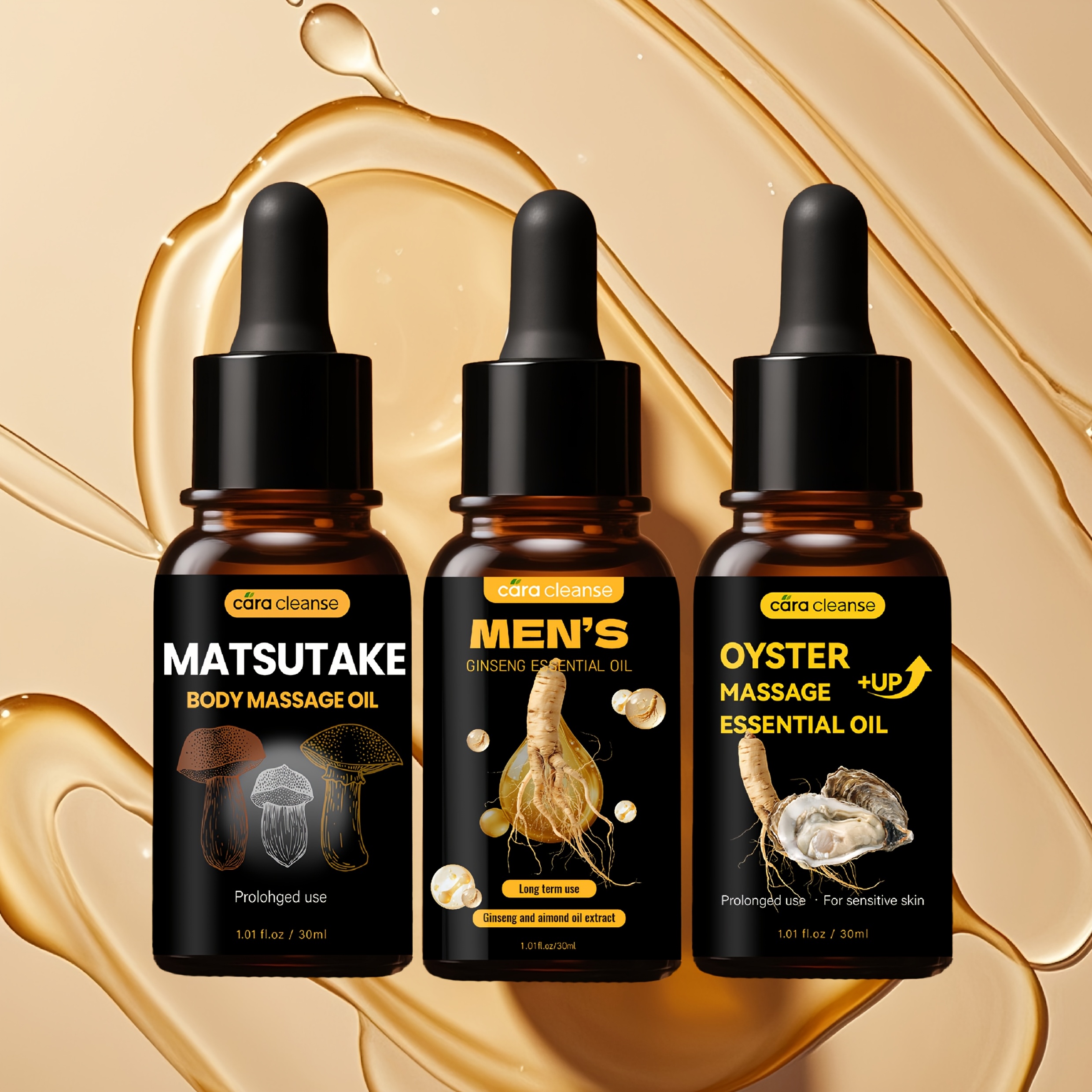 3pcs, 30ml Ginseng, Matsutake and Oyster Men's Massage Essential Oil Set, Rich in Ginseng, Matsutake and Oyster Extracts, Moisturizing, Gentle and Non-irritating, Suitable for Sensitive Skin. The Best Gift for Him