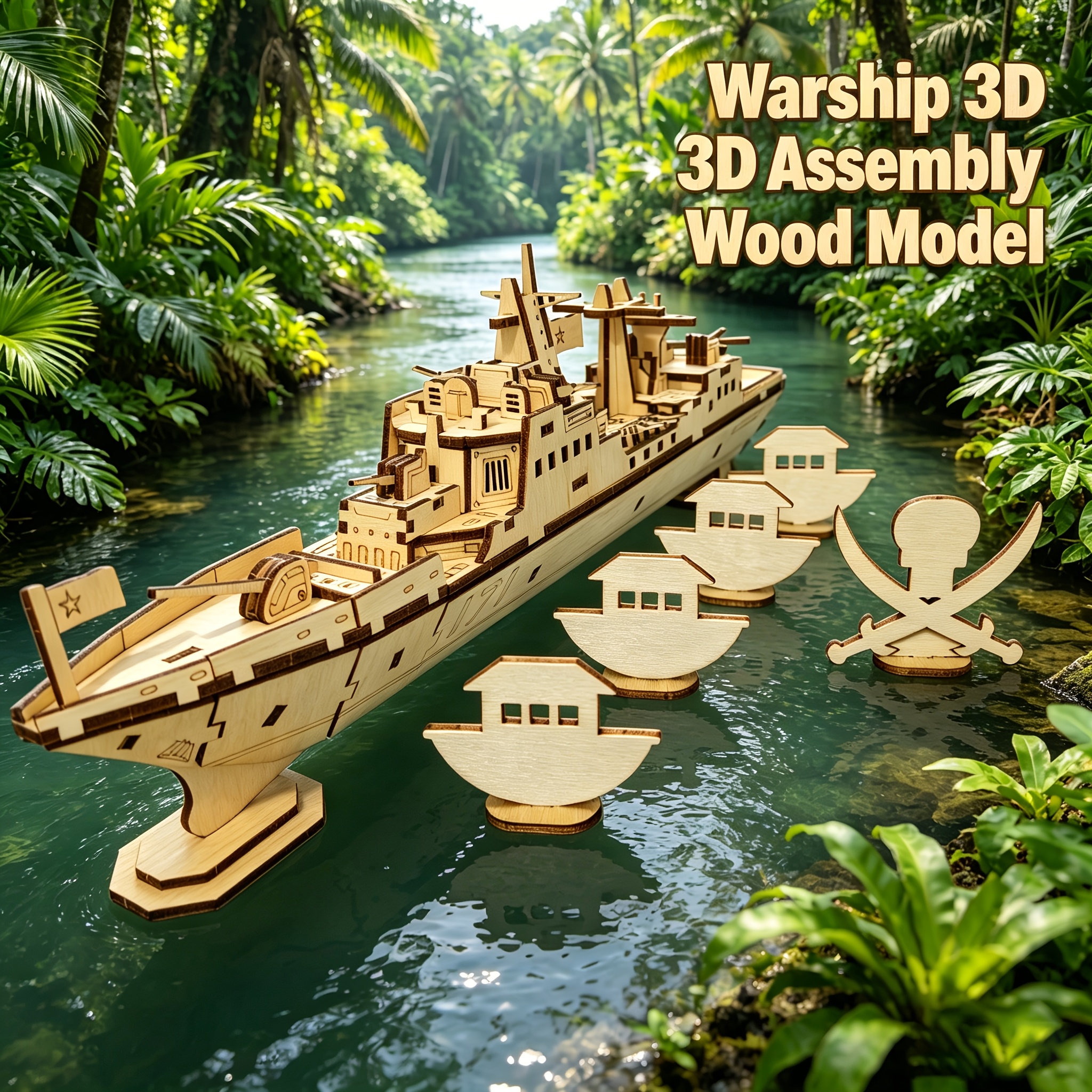 3D Wooden Ship Puzzle Assembly Set, Featuring Boat and Pirate Skull Figurines