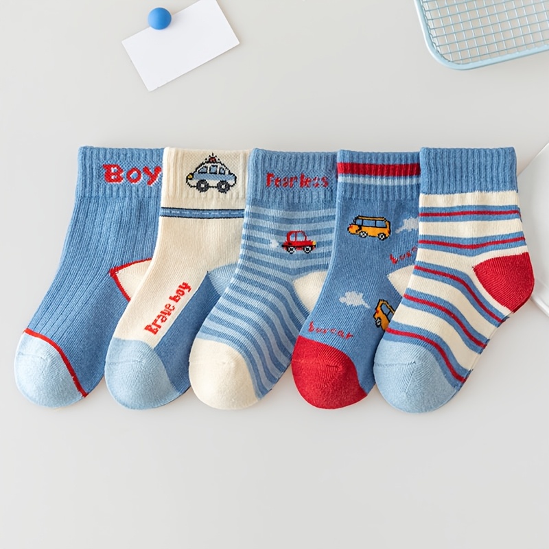 TEMU 5 Pairs Boys Socks Cute Cartoon Stripe Pattern Comfortable Breathable Kids Baby Socks,fall And Winter Clothes