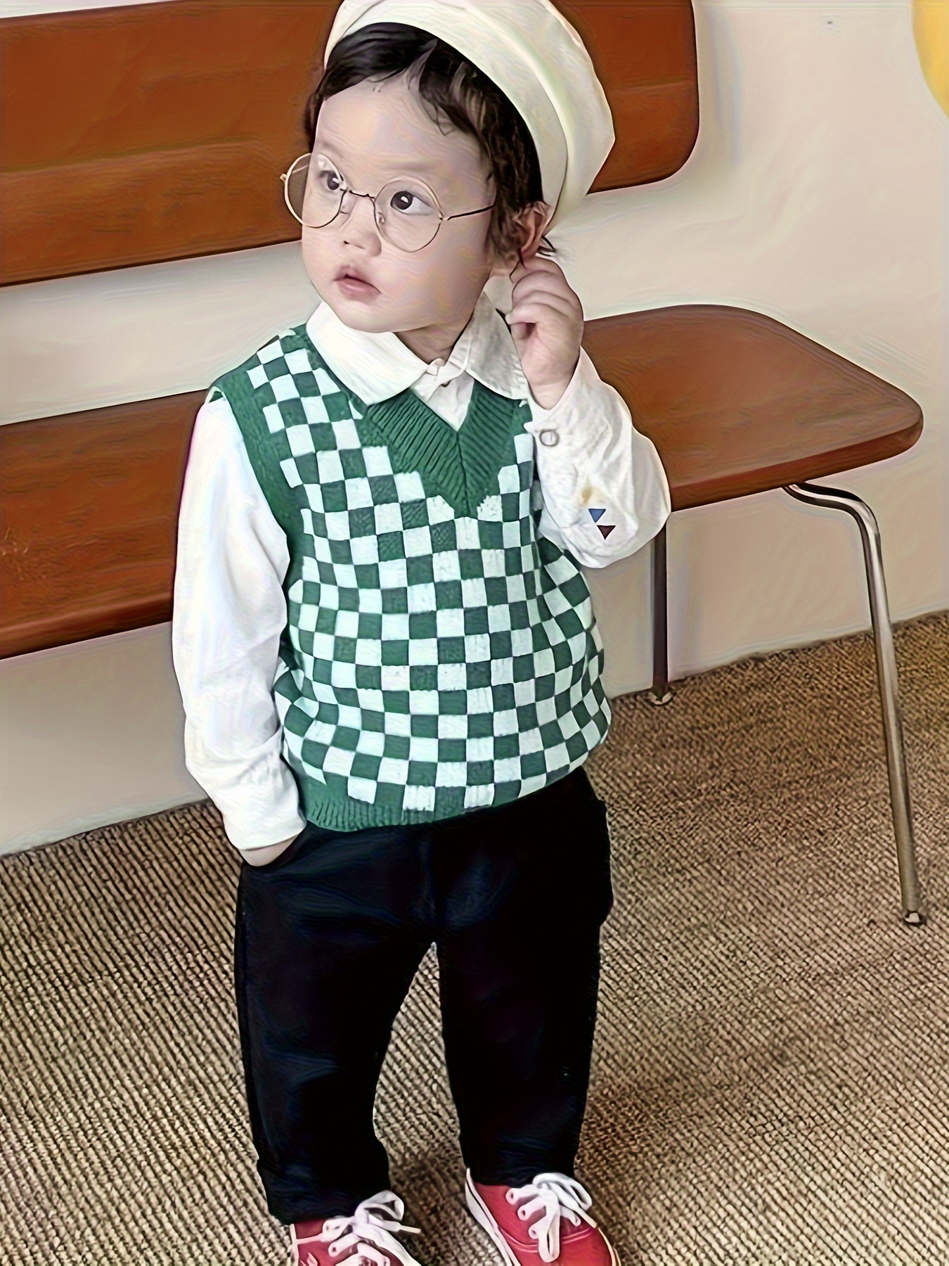 boys checkered knit vest polyester v neck stretchy fabric Temu