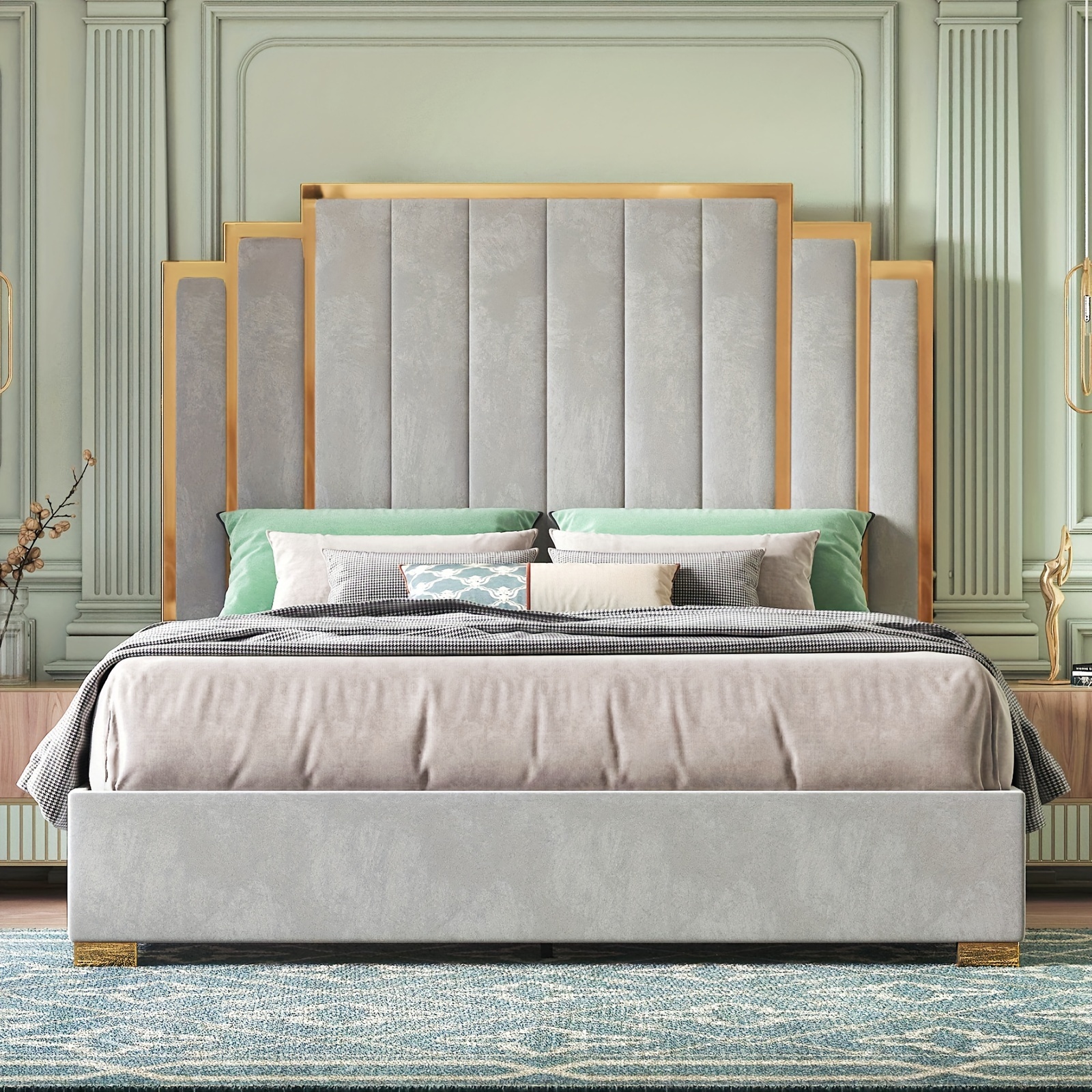 

Queen Platform Bed Frame, 61.4"/65" Velvet Upholstered Bed With Gold Trim Headboard/wooden Slats/no Box Spring Needed Grey