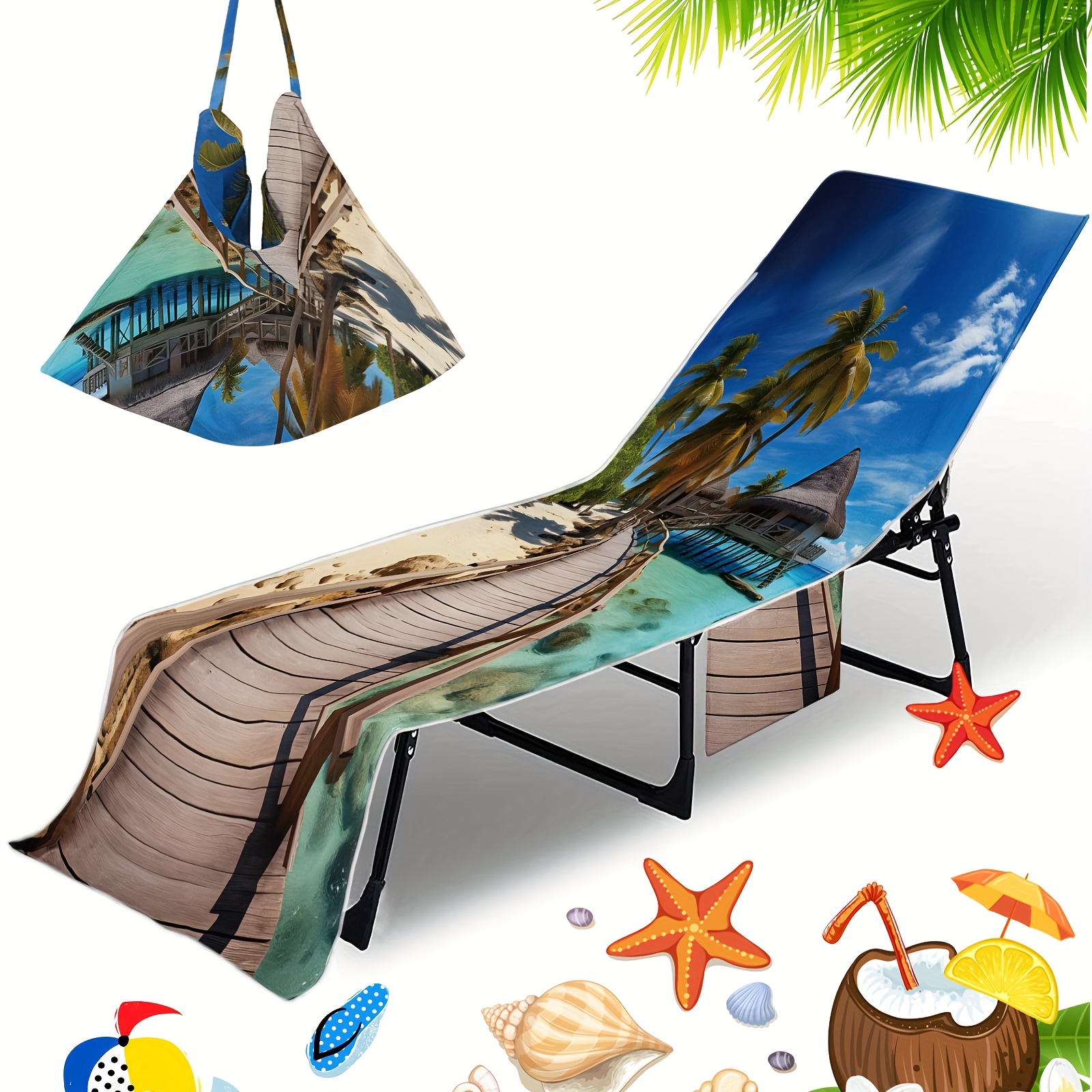 TEMU 1pc Summer Pattern Beach Towel, Microfiber Quick Dry Wipe Body Long Towel, Beach Towel Chair Cover With Bag For Beach, Bathroom, Outdoor,