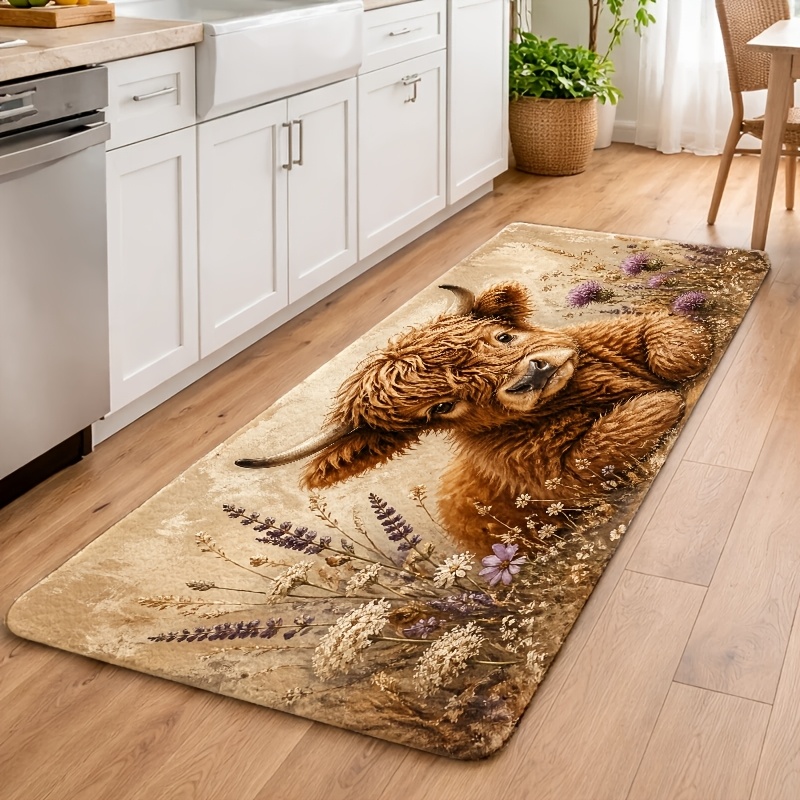 TEMU 1pc, 2pcs, 3pcs High-definition Printed Highland Cow And Kitchen Rugs, Machine Washable, Suitable For Various Indoor And Outdoor Environments