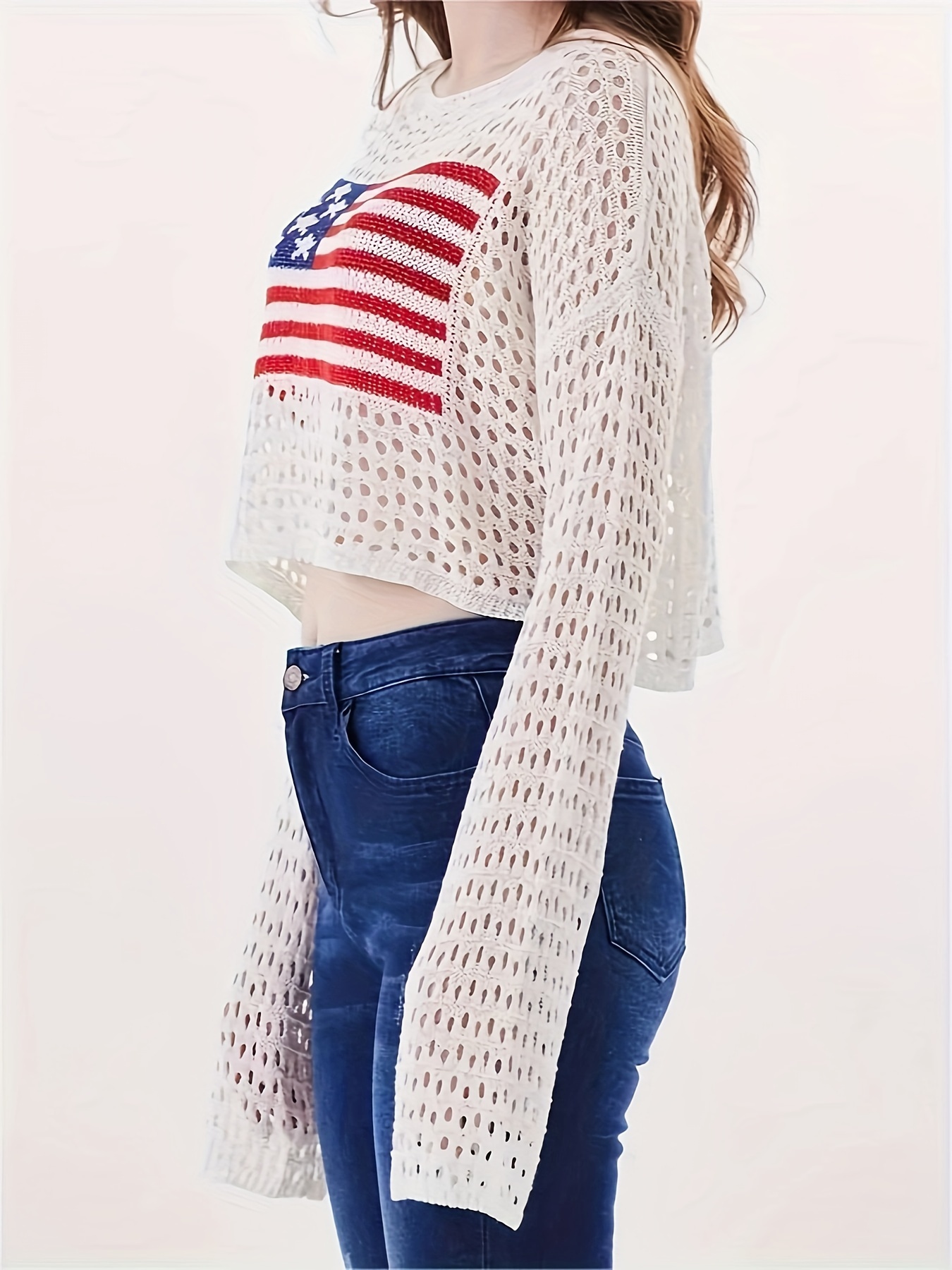 American Flag Pattern Crop Knitted Sweater Sexy Drop - Temu