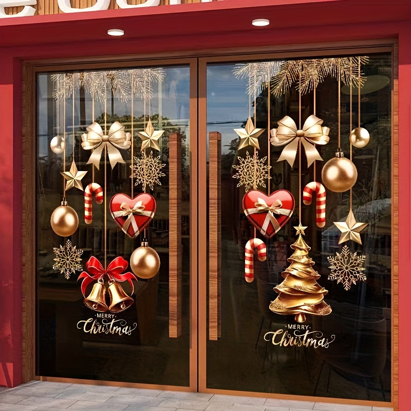 1 stuks Kerst Raamdecoratie - Statische Raamsticker met Gouden Ballen, Rode Linten, Sneeuwvlokken - Geen Residu Verwijderbaar, Herbruikbare Vakantiedecoratie
