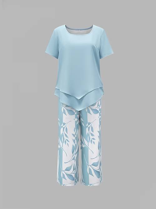 womens casual solid color short sleeve top and plant print shorts