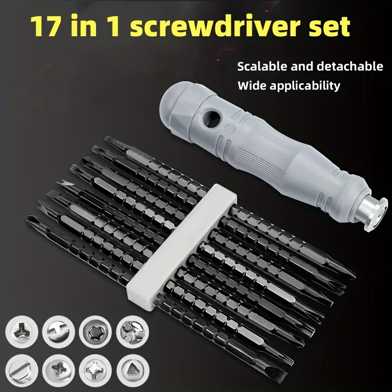 

Ensemble de tournevis multifonction 17 en 1 avec embouts en fer - Kit d'outils polyvalent avec types de têtes , à plat, Torx, de mouette, triangle, en U et à panneton pour applications diverses