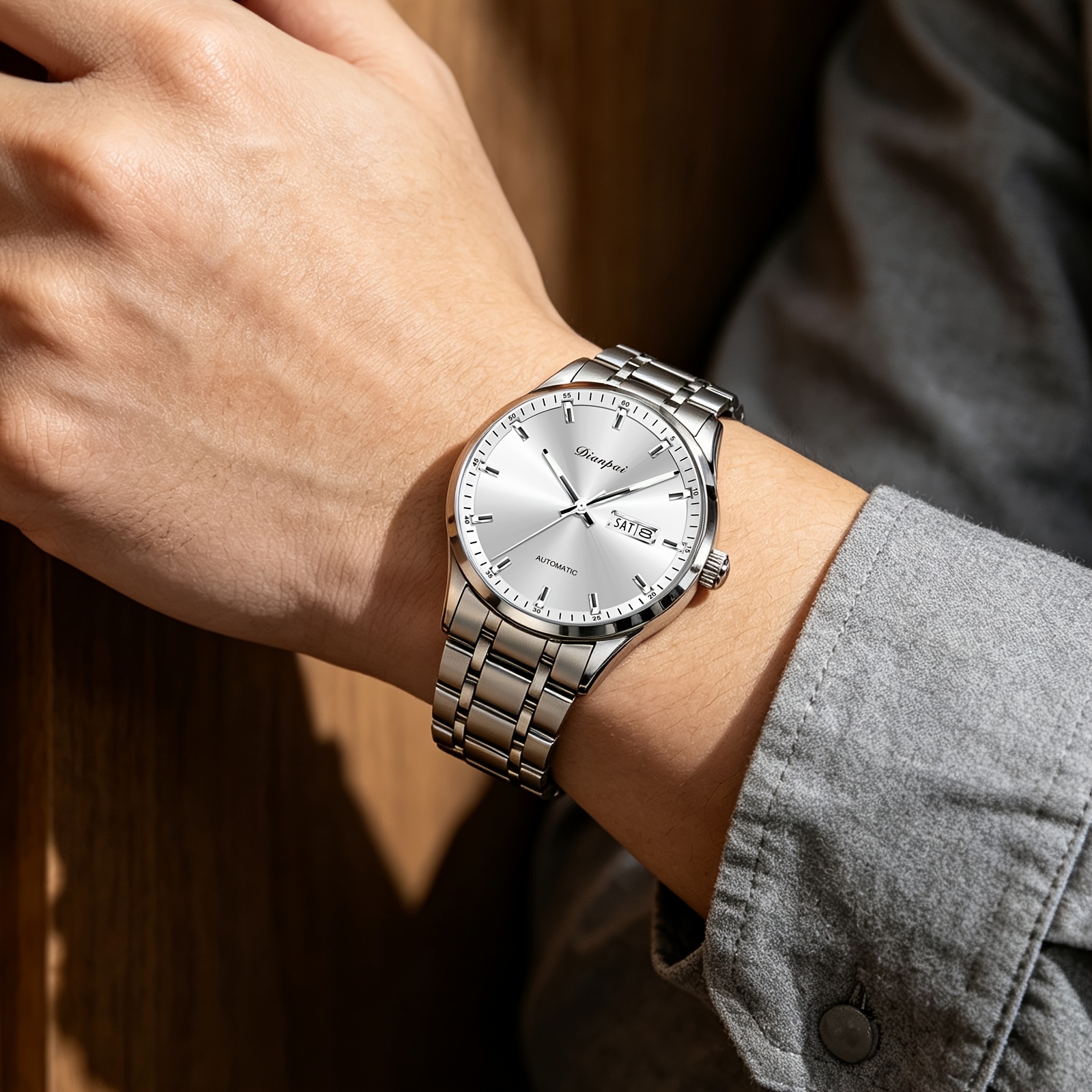 Image of Dianpai Men's Business Fully Automatic Mechanical Watch, Fashion Stainless Steel Strap, Calendar Week Display, Daily Casual Wear Men's Gift Wristwatch