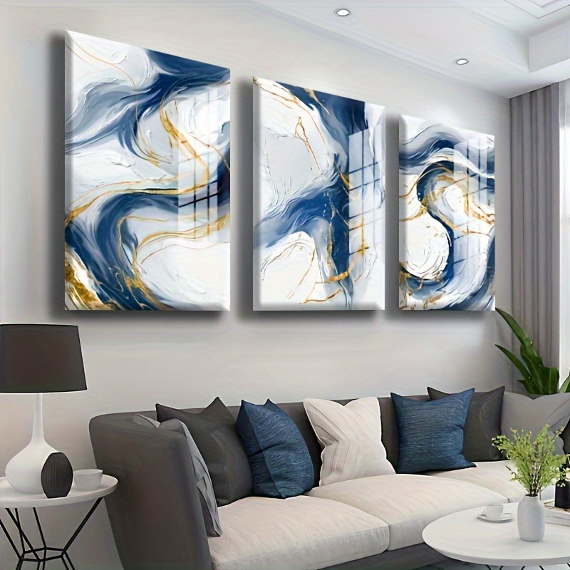 

3-piece Modern Abstract Canvas Art Set Blue Golden Hues Graphic Design Bedroom Wall Decor Room Accent Wooden Frame - Thickness 1.5inch