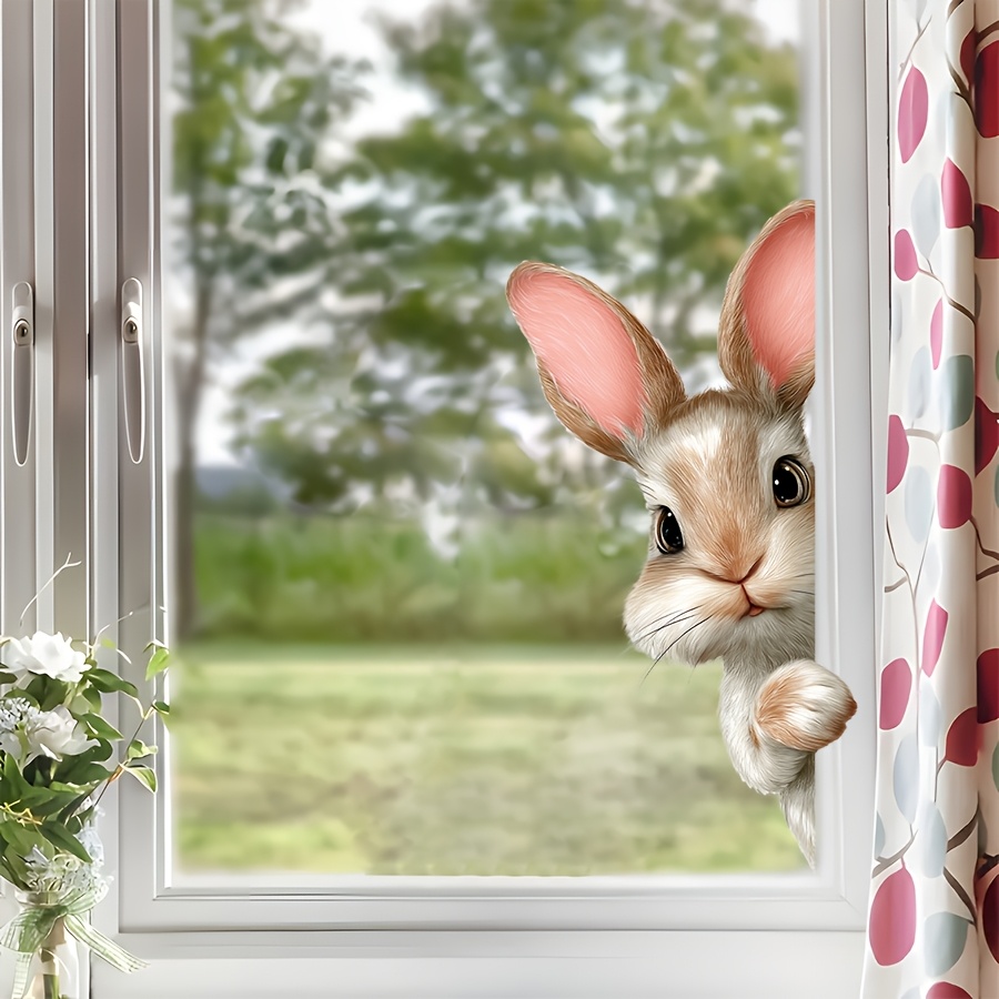 1 Sheet Cute Rabbit Peeking Static Cling Window Decals - Non Adhesive Removable Cartoon Stickers For Home Bedroom Kids Playroom Window Glass Decorations