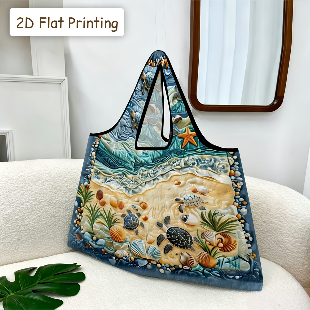 TEMU 2d Flat Printing, 1pc Foldable Tote Bag, Ocean Turtle Shell Decor Quilted Printed Tote Bag, Soft-shouldered, Hand-held, Reusable, Durable,