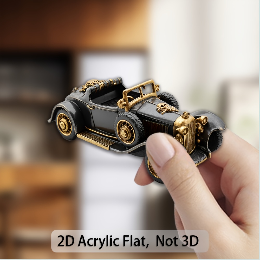 TEMU 1 Vintage And Classic Car | 2d Flat, Acrylic And Rubber Soft Magnet, Stylish Black With Golden Ornate Details - Perfect For Collectors And Car
