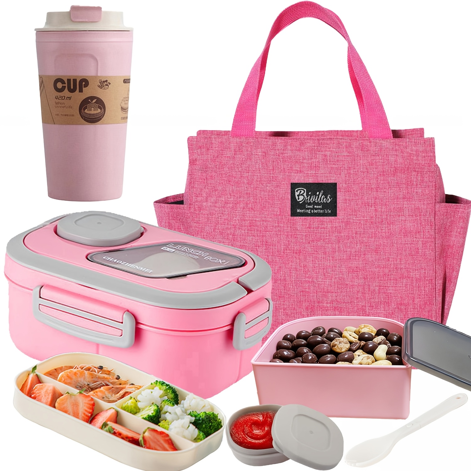 TEMU Cadeau de boîtes à lunch Premium - Ensemble de 2 boîtes à lunch multi-compartiments : Boîte à lunch + Boîte à collations + Gobelet + Sac à repas