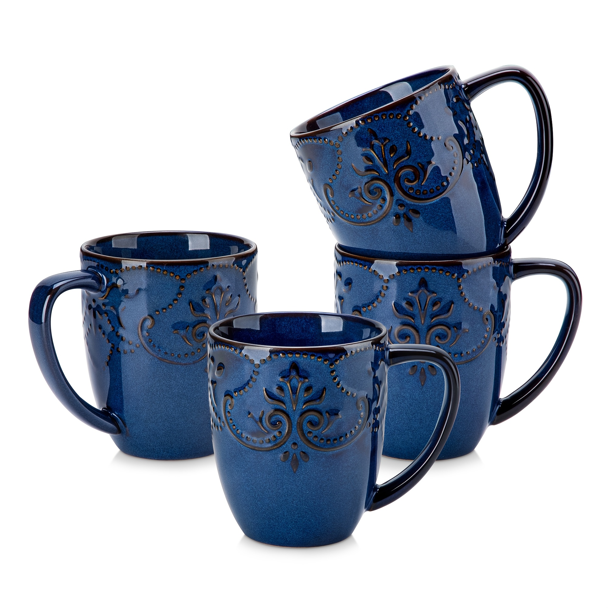 Image of 4pcs Coffee Mugs Embossed Floral, 14oz Porcelain Tea Cups With 3d Raised Relief Design, F Tea, Lattes, Cappuccinos, Or Microwave And Dishwasher Safe, Unique Housewarming Gift