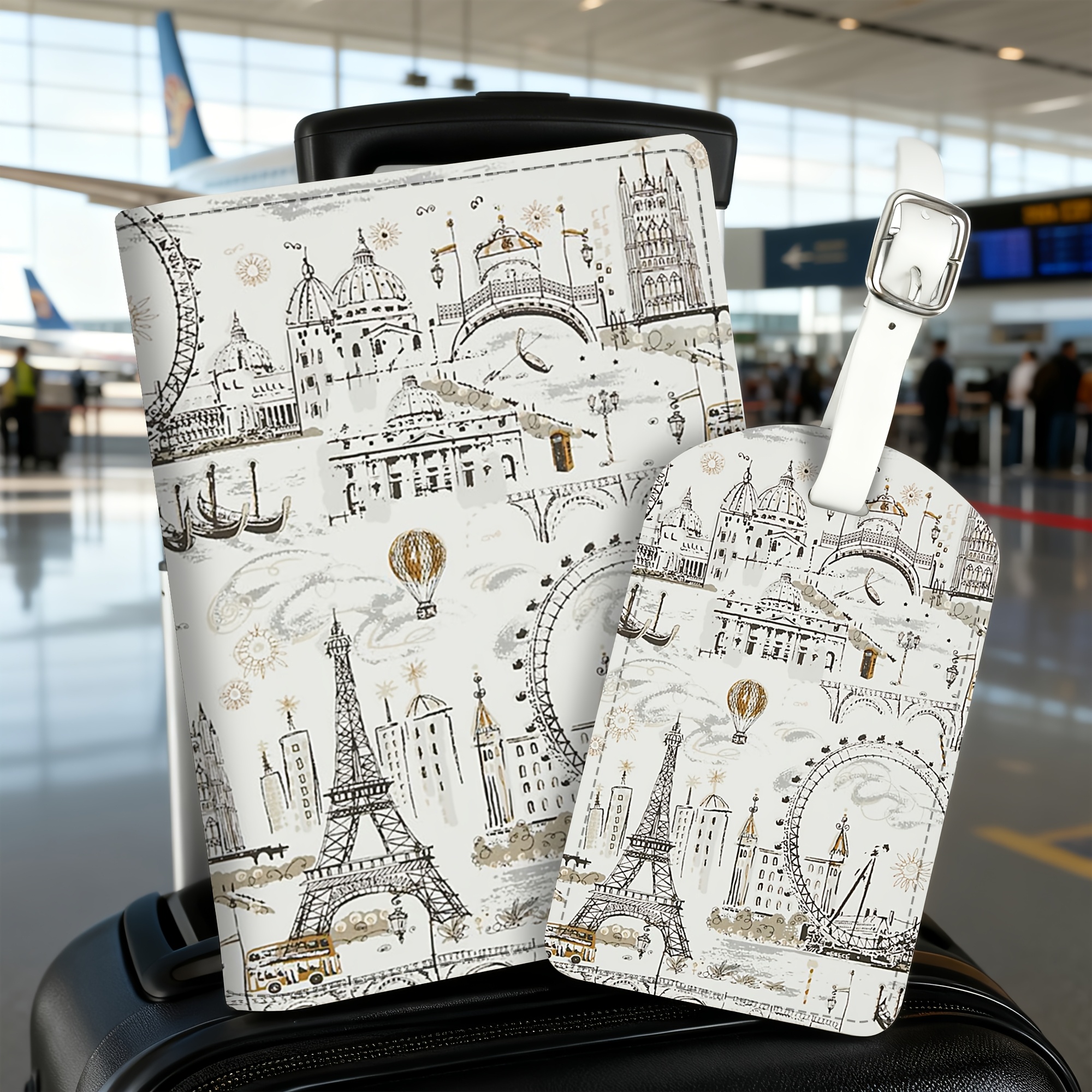 TEMU 2pcs Set Venice Landmarks Sketch Pattern Passport Holder Luggage Tag, Lightweight Pu Material, Suitable For Travel Bags, Backpacks, Gym Bags,
