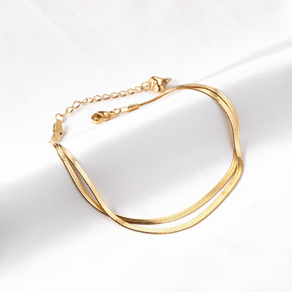TEMU 1pc Light Luxury Double-layer Flat Snake Bone Stainless Steel Anklet, No Excessive Ornate Decorations, Flat Double Strands Of Snake Bone With