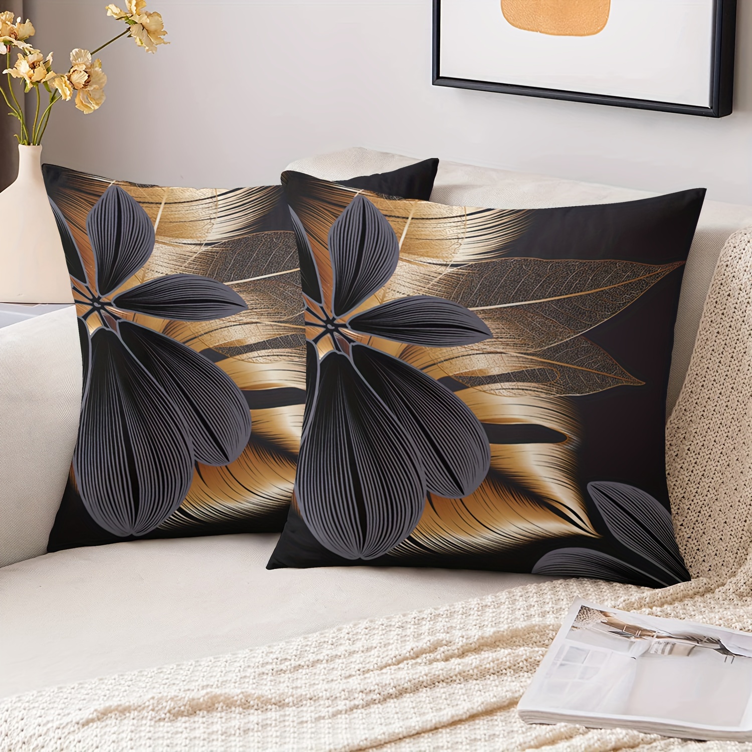 

2-piece Gray Golden Plant Leaf Pillowcase Minimalist Art Modern Style Bedroom Living Room Home Decoration Short Plush Fabric Double-sided Printing No Pillow Core