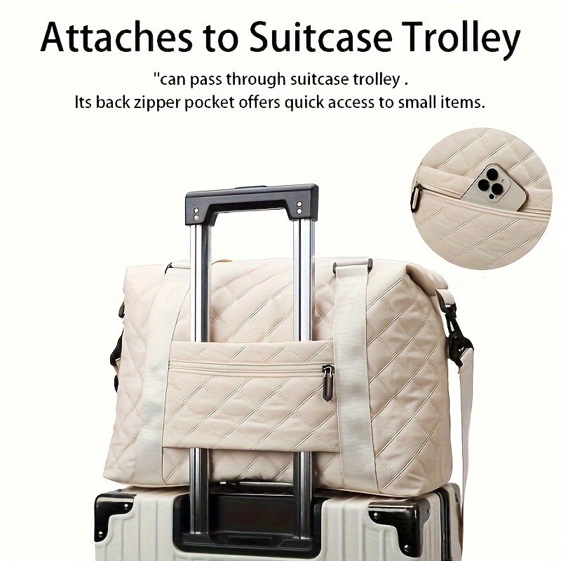 large capacity quilted travel duffel bag with rhombus pattern solid color overnight carry on tote with multiple storage pockets Product details 2