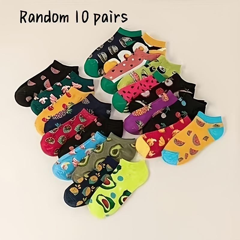Image of 10-pair Pack Unisex Fruit & Vegetable Socks Suitable For Men And Women, Random Mixed Colors With Fruit Patterns, Machine Washable Ankle Socks For,,, - Casual Wear,,, Everyday Use