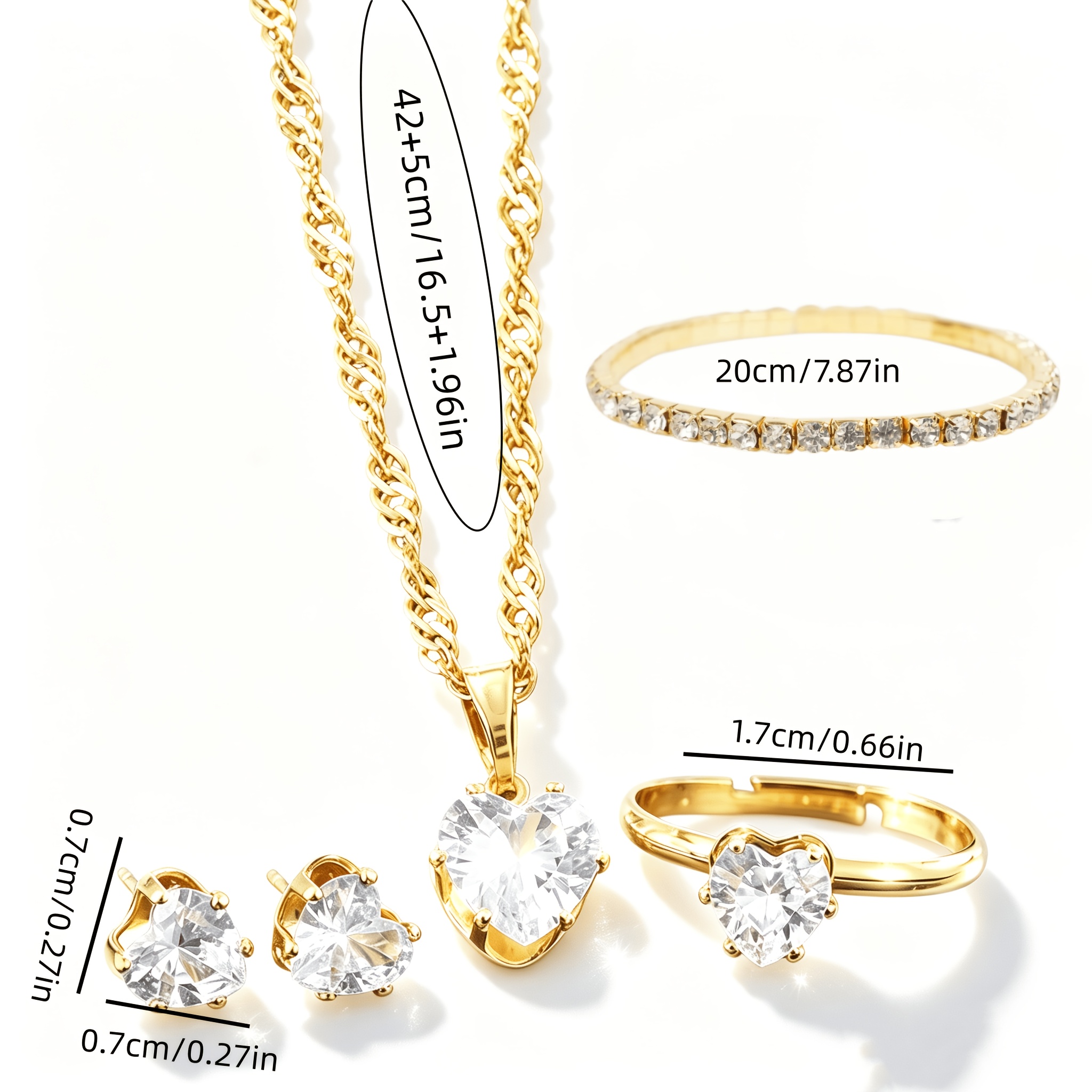 TEMU Conjunto de joyería dorada para mujer de 5 piezas, collar, aretes de botón, anillo y pulsera de una sola , diseño dorado , hipoalergénico, uso