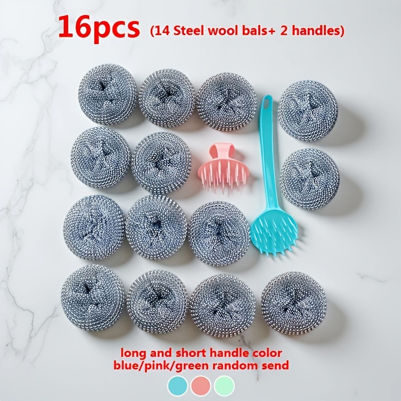 TEMU Kit de nettoyage robuste pour cuisine, 16 pièces (2 manches et 14 pièces de laine), avec manche, balles de nettoyage remplaçables pour
