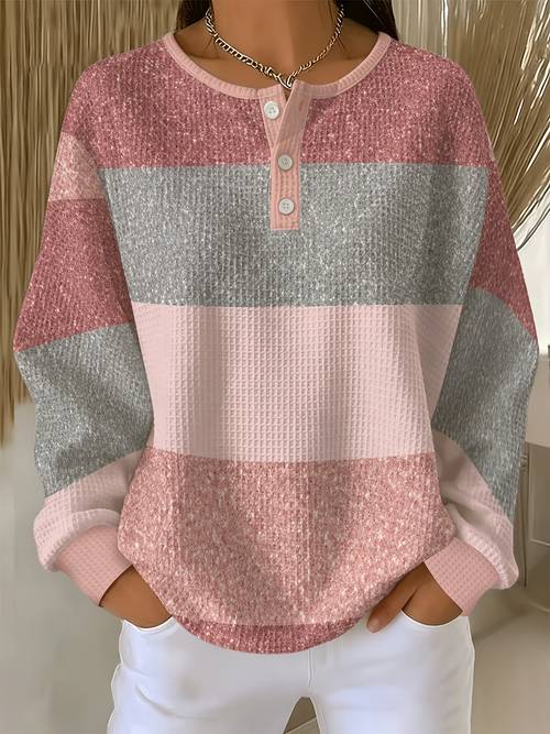 item picture womens waffle henley shirt pink gray contrast striped casual versatile long sleeve top