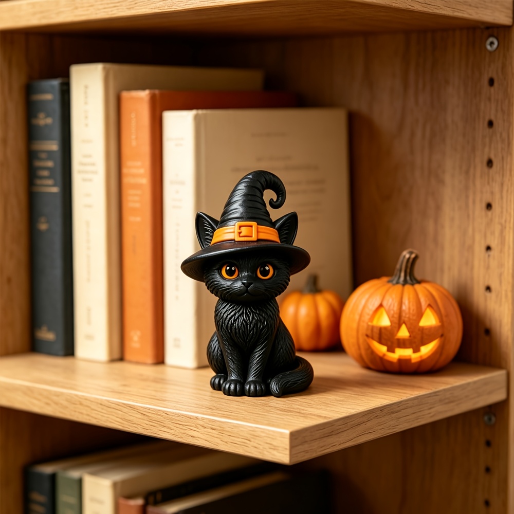 TEMU Premium Wizard Black Cat Halloween Ornament, Desktop Office Decoration, Car Decor, Creative Animal Model, Collectible Figurines, Car Ornament