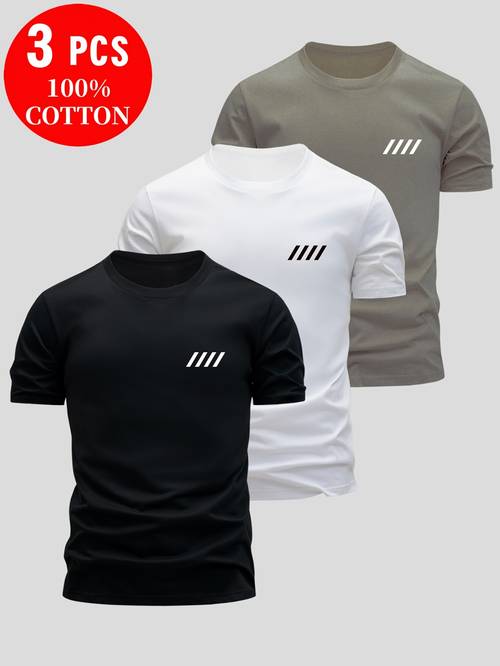 3pcs 100 cotton t shirts soft breathable round neck short sleeve with geometric print lightweight summer casual wear for men black white gray everyday tshirt