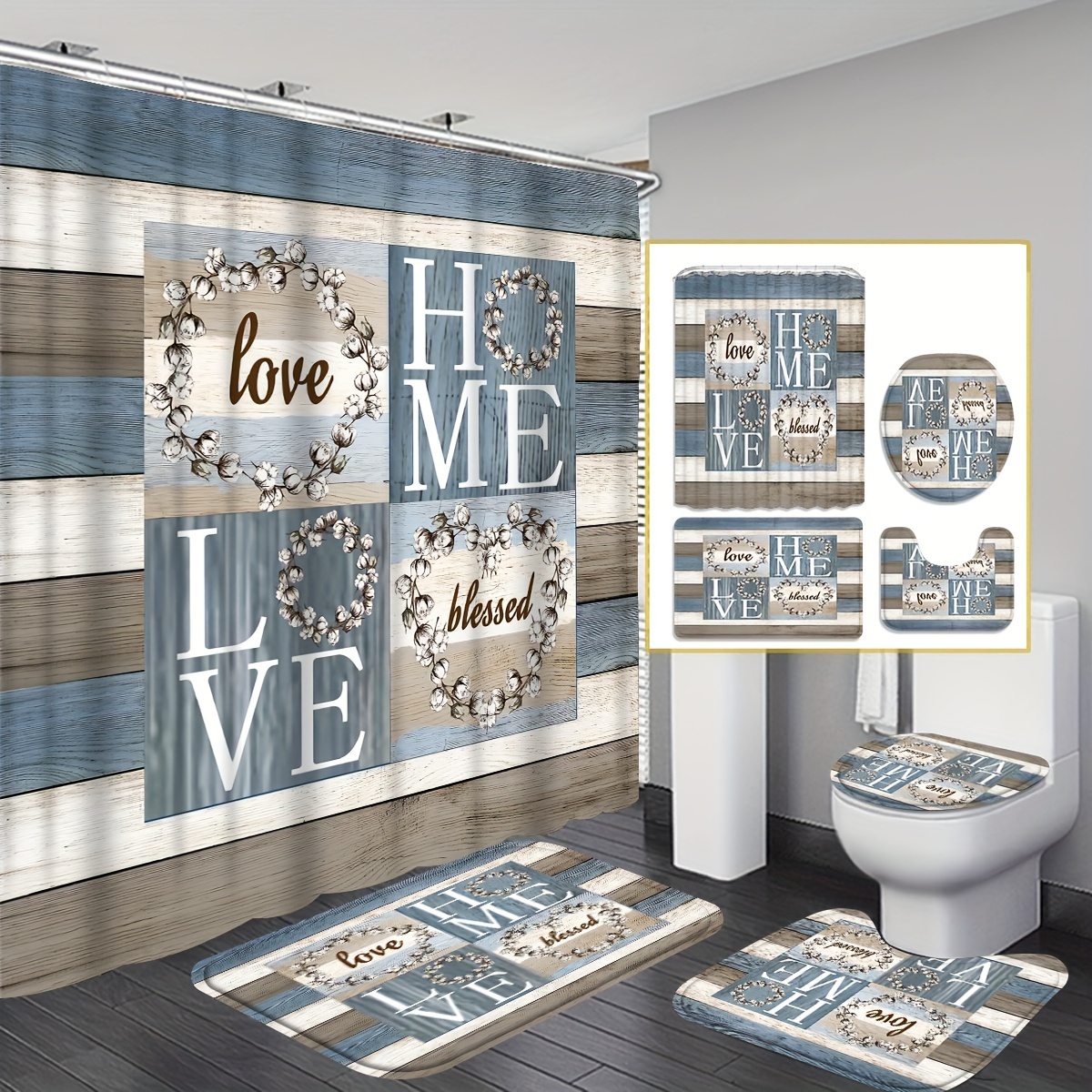 

4pcs Wood Grain Background Letters Shower Curtain Gift Modern Home Bathroom Decoration Curtain And Toilet Floor Mat 3-piece Set With 12 Shower Curtain Hooks