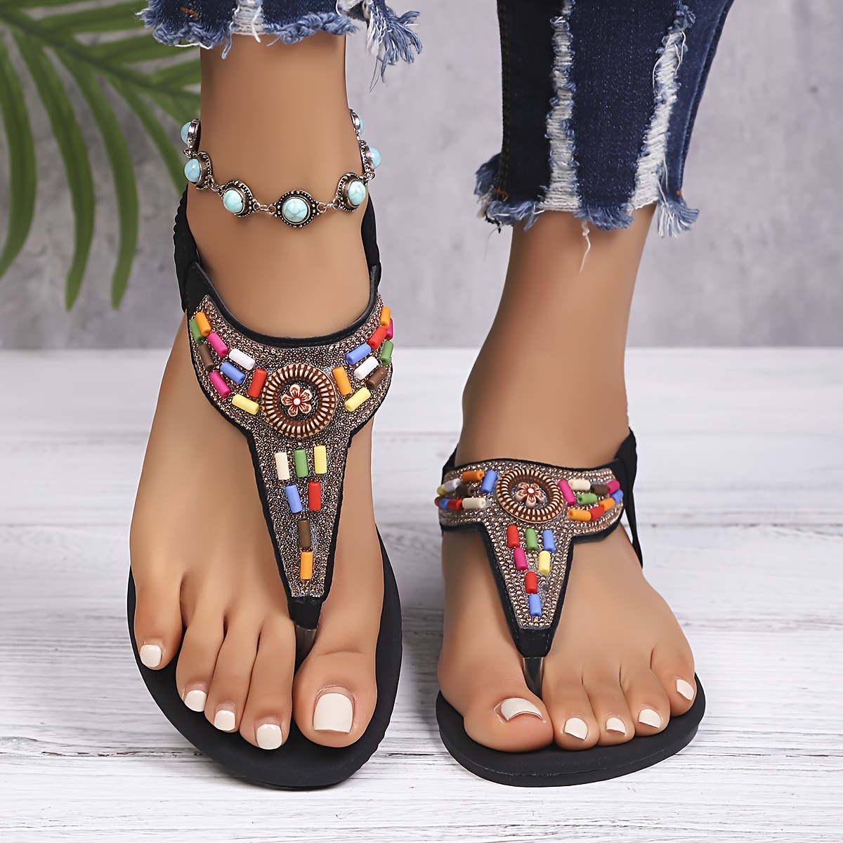 Women'S Ethnic Style Bohemian Floral Beaded Flip-Flops - Large Size Synthetic Fiber Anti-Abrasion Beach Shoes, Featuring Durable Oxford Soles, Comfortable Flat Heel Easy-To-Wear Design, Perfect for Casual Summer Beach Gear