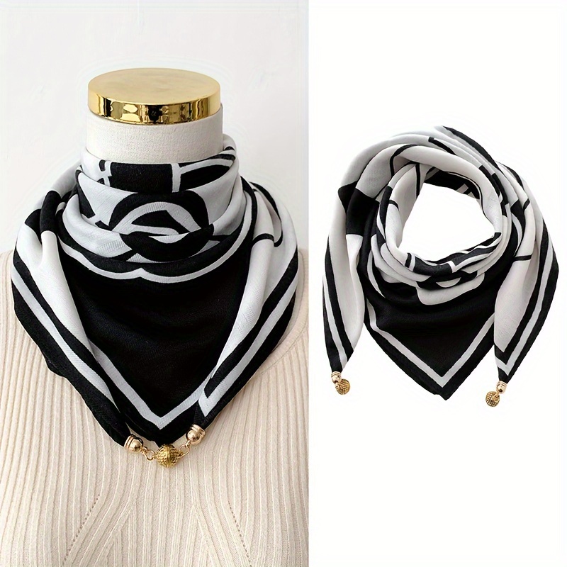 

Boho Chic Magnetic Clasp Square Scarf For Women - Versatile, Breathable Polyester Neck Warmer With Elegant Camellia Print