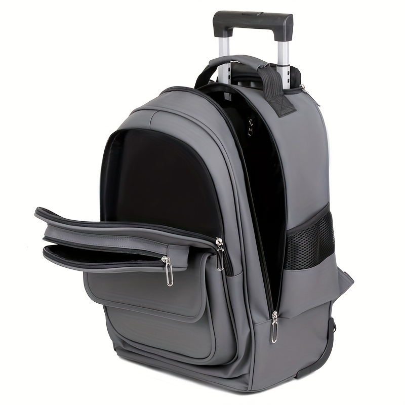 multi functional rolling backpack high quality oxford material large capacity multiple storage compartments quiet wheels hidden telescopic handle unisex casual fashion mens shoulder bag for travel and leisure details 5