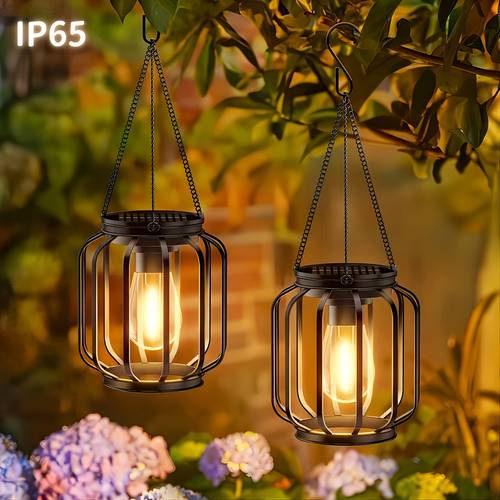2pcs outdoor solar metal pendant light with hooks and sensing ip65 warm lantern decorations outdoor chandeliers courtyard porch and balcony decorations