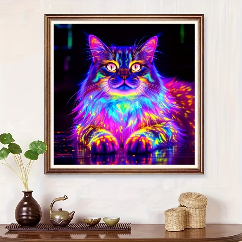 TEMU 1 Set Nuovo - Kit Fluorescente Gatto Animale, 36x36 cm/14.17x14.17 Pollici, DIY con Tessuto 11CT, Filo, Ago e Istruzioni, Decorazione Murale per