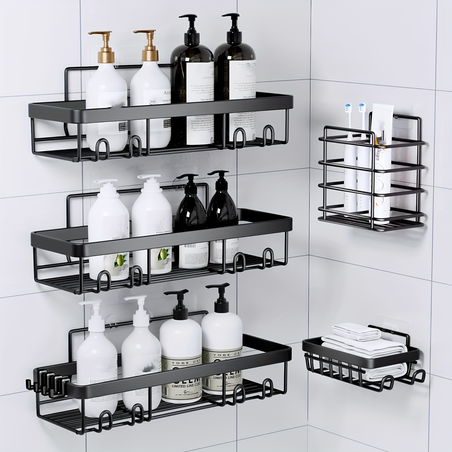 

Shower Caddy, Bathroom Shower Organizers, Black Shower Shelves For Inside Shower With Soap Caddy & Toothbrush Holder, Stainless Steel Wall Rack Baskets Adhesives Mounted (5 Pcs)