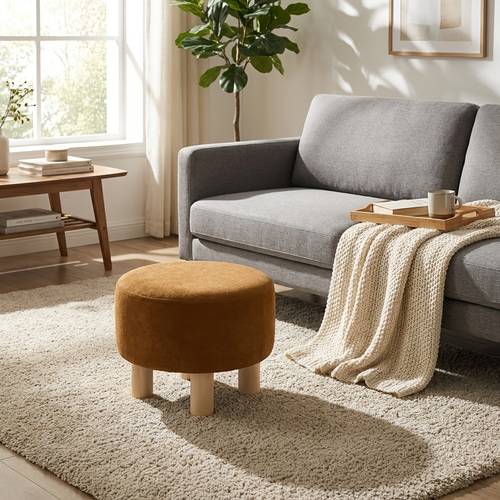 round ottoman footrest stool with soft velvet upholstery solid wood legs compact multifunctional pouf suitable for living room bedroom entryway base for couch bed seating space saving